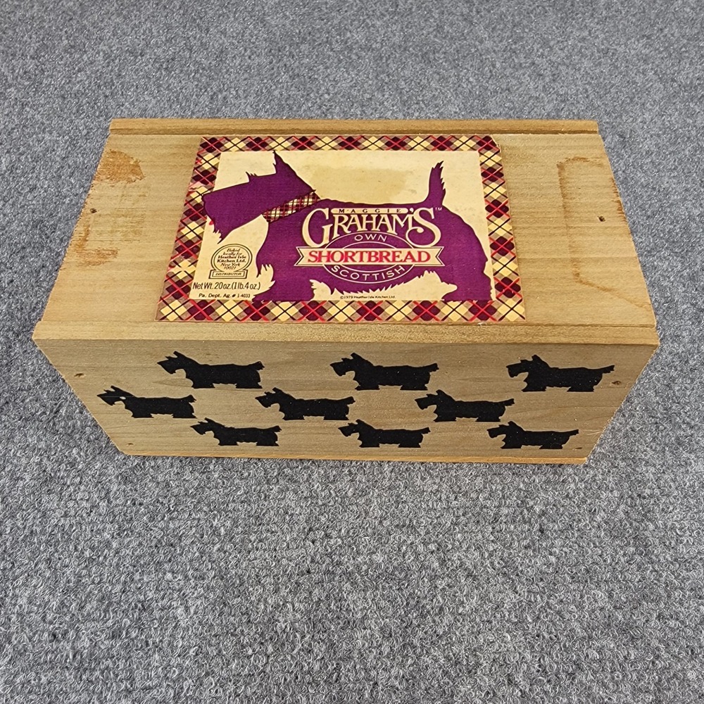 Vintage Maggie Grahams Own Scottish Shortbread Wooden Crate Scottie Dog Box 20oz